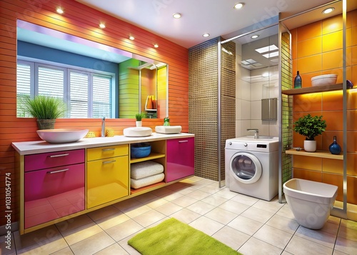 Stylish Modern Bathroom with Laundry Area Featuring Sleek Fixtures and Contemporary Design for Efficient Space photo