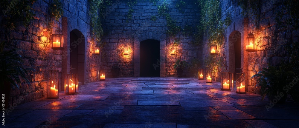 Ancient Castle Courtyard with Lanterns and Greenery Ancient Castle Courtyard with Lanterns and Greenery