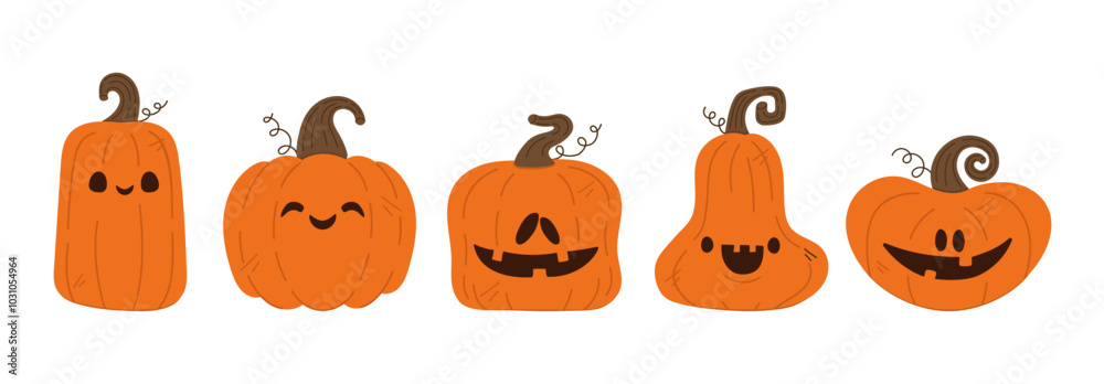 Set of cute Halloween pumpkins isolated on white background. Vector illustration in flat style for your design. Set of cute Halloween pumpkins isolated on white background. Vector illustration in flat style for your design.