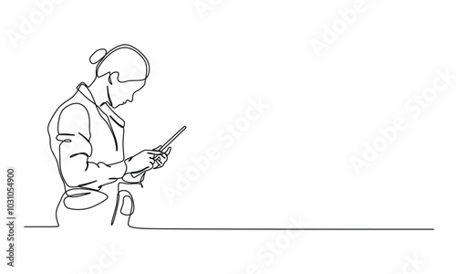 Continuous line drawing of businesswoman working on tablet. Business concept. Vector illustration