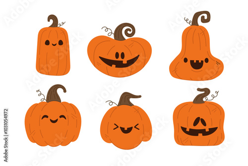 Set of cute Halloween pumpkins, Jack o'lantern. Vector illustration in flat style for your design.