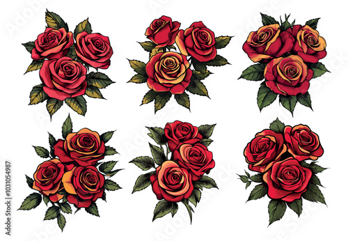 Roses tattoo sketches. Floral vintage ink elements, romantic retro graphic drawing, vector illustrations set