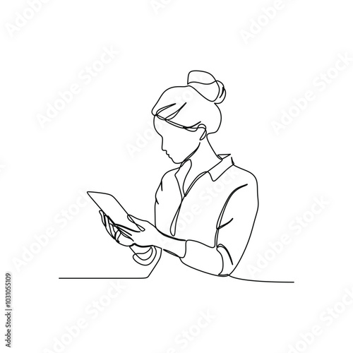 Continuous line drawing of a woman using a tablet. Business concept. Vector illustration