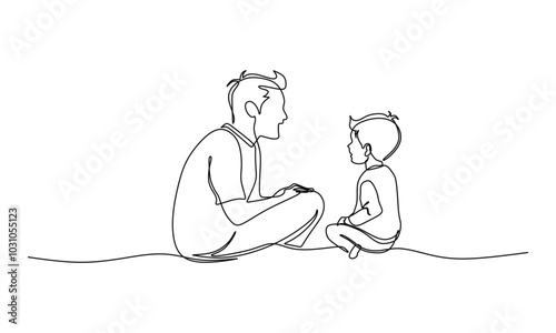 Continuous one line drawing of father and son sitting on the floor. Vector illustration