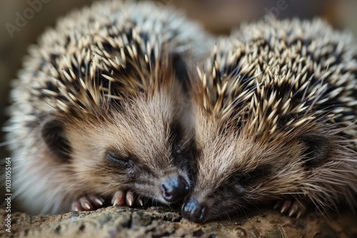 Three adorable hedgehogs sleeping together on a soft, fluffy surface in a cozy setting during daylight photo