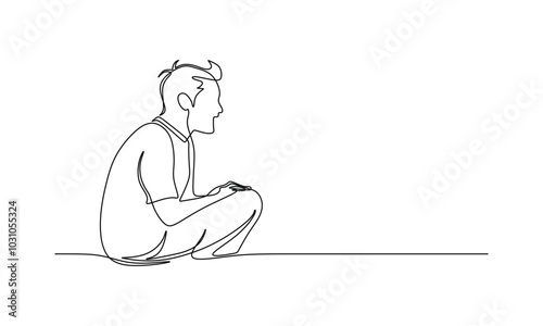 Continuous one line drawing of a young man sitting on the floor. Vector illustration