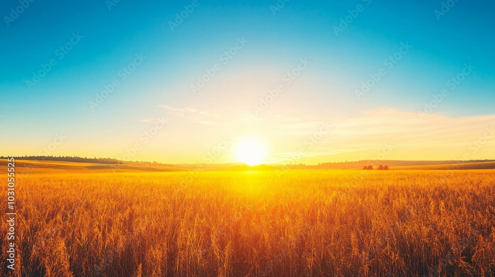 Golden Field at Sunset with a Clear Sky Golden Field at Sunset with a Clear Sky
