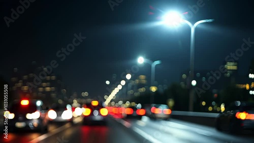 Cars driving on a lit night street, headlights reflecting on the wet asphalt. VIDEO