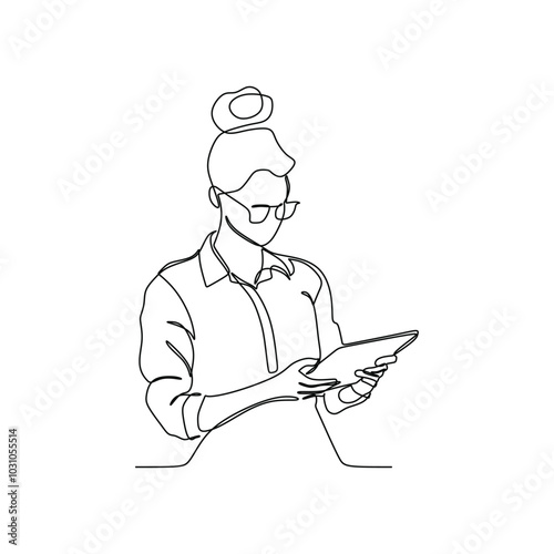 Continuous line drawing of a woman using a tablet. Business concept. Vector illustration