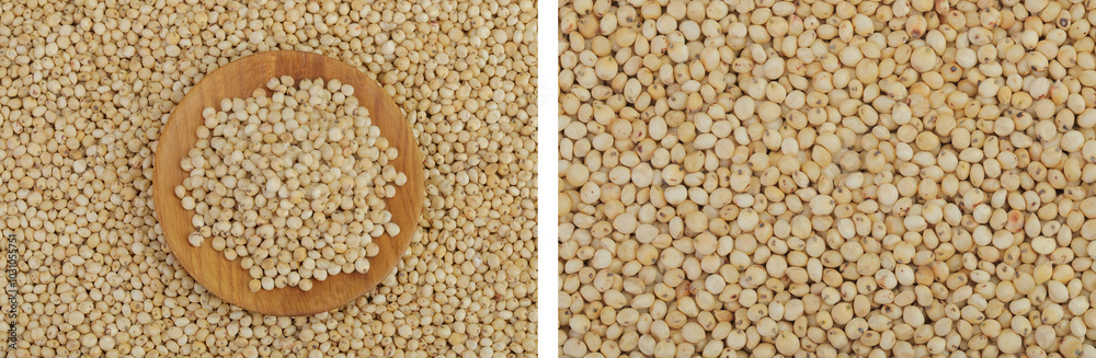 background of sorghum seeds with wooden bowl. Top view. Flat lay.
