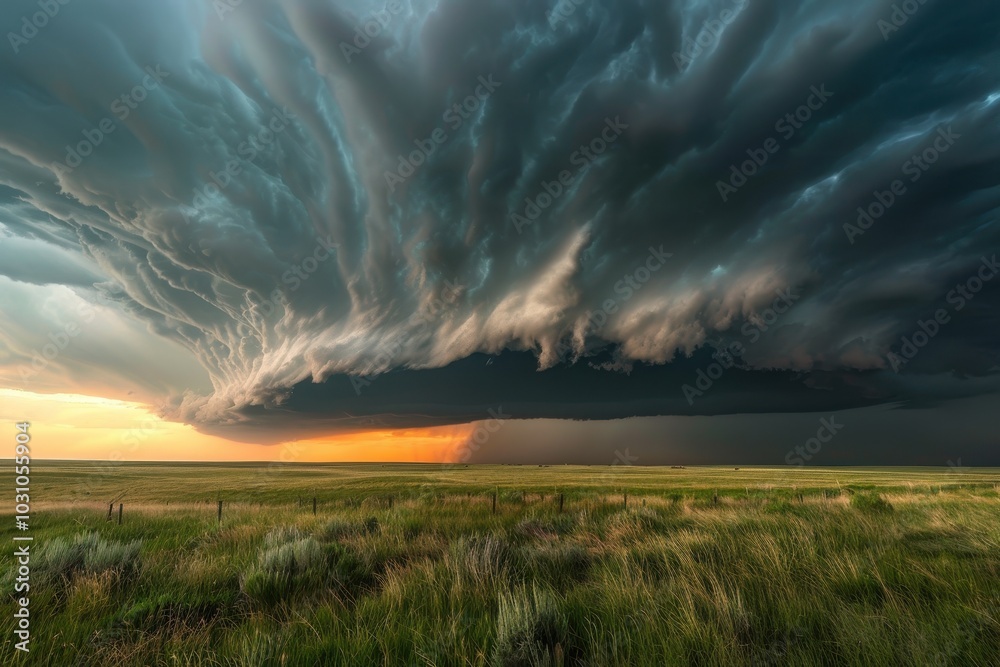 Dramatic storm clouds roll over a wide-open prairie landscape during sunset, capturing the powerful beauty of nature in an expansive sky filled with swirling formations