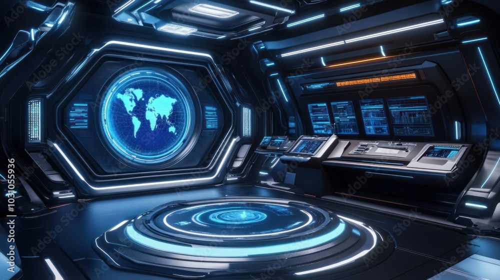 Futuristic Spaceship Interior with Global Map Display and Control Panels Futuristic Spaceship Interior with Global Map Display and Control Panels