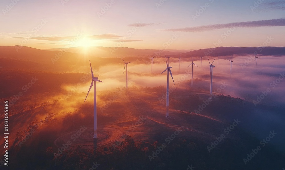 Obraz premium A breathtaking sunrise illuminates a vast wind farm, showcasing towering turbines generating renewable energy in the early morning light