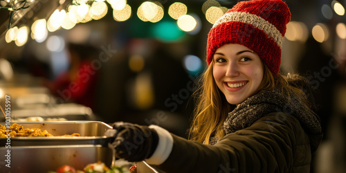 Young person serving hot food for homeless in community charity donation center on Christmas. Volunteer at a soup kitchen, serving food with a warm and compassionate smile. photo