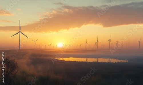 A breathtaking sunrise over a vast wind farm, showcasing towering turbines generating renewable energy in a serene landscape