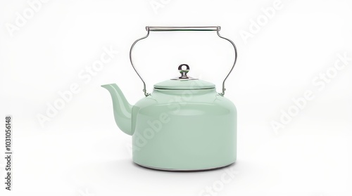 Stylish pastel green kettle with a white handle sitting on a simple background