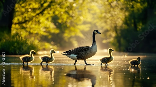 A family of geese walking along the water's edge