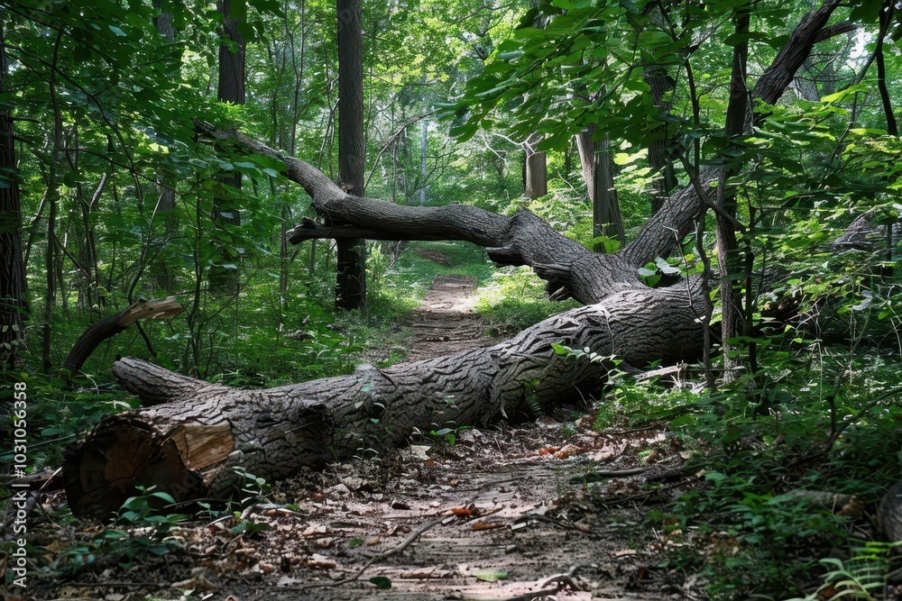A fallen tree lies across a winding path in a lush, green forest during the quiet hours of early morning, surrounded by vibrant foliage and wildlife A fallen tree lies across a winding path in a lush, green forest during the quiet hours of early morning, surrounded by vibrant foliage and wildlife