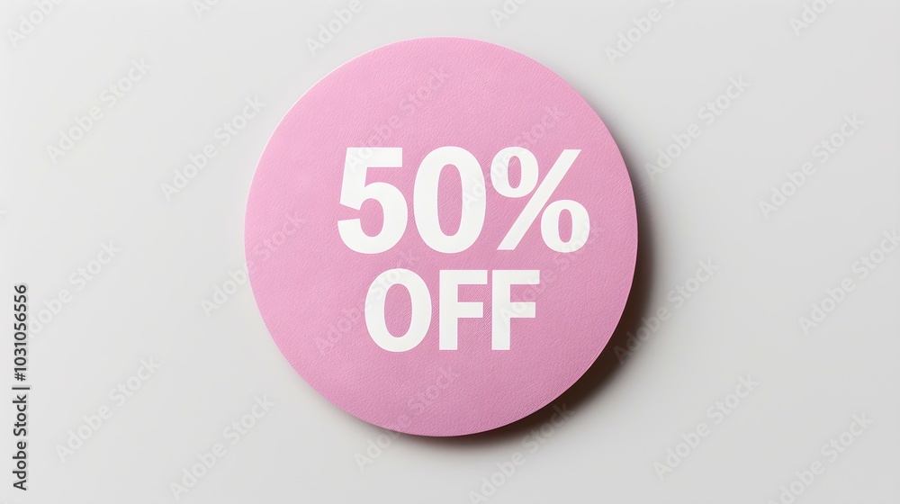 White '50% OFF' Text on a Blush Round Paper Note. White Background with Copy Space White '50% OFF' Text on a Blush Round Paper Note. White Background with Copy Space