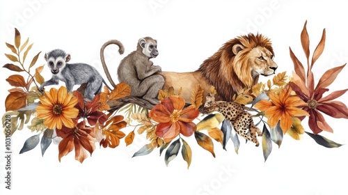Charming watercolor depiction of various safari animals such as a lion, lioness, monkey, elephant, lemur, and cheetah, intertwined with lush tropical leaves and autumn flowers