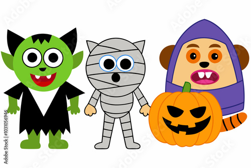 Halloween funny faces vampire monster werewolf and mummy. Vector illustration isolated on white background.