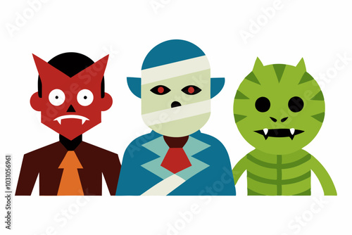 Halloween funny faces vampire monster werewolf and mummy. Vector illustration isolated on white background.