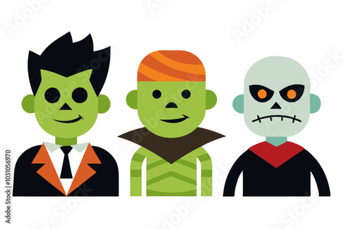 Halloween funny faces vampire monster werewolf and mummy. Vector illustration isolated on white background.