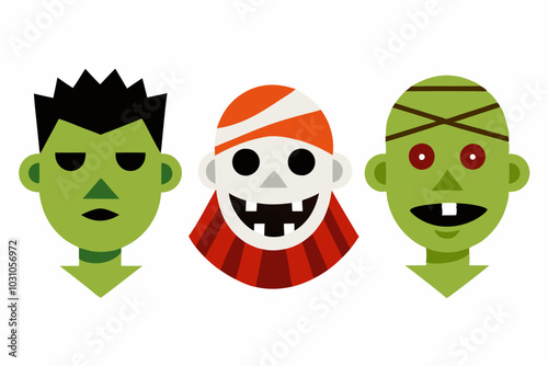 Halloween funny faces vampire monster werewolf and mummy. Vector illustration isolated on white background.