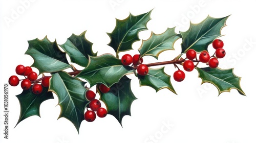 A detailed illustration of a holly sprig with rich dark green leaves and bright red berries, isolated for emphasis. The sharp serrated edges of the leaves highlight the plant's distinctive features.