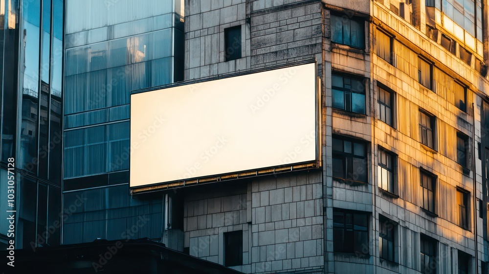 A blank billboard on the side of a city building, with a golden glow from the setting sun.