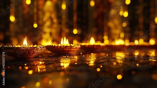 A vibrant, festive backdrop with a row of glowing diyas and a radiant golden hue illuminating the scene