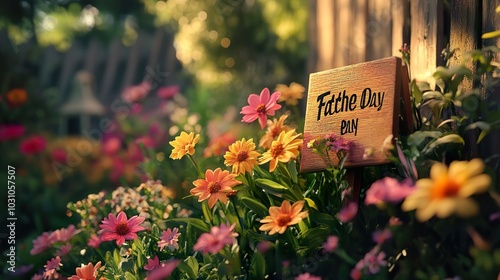 A vibrant garden filled with blooming flowers and a sign celebrating Fathera??s Day, creating a joyful atmosphere photo