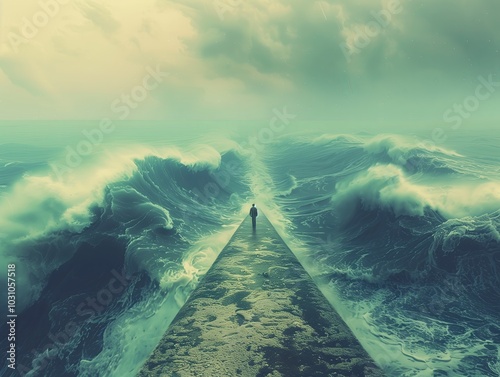 illustration the sea has parted leaving a path along which a man walks by photo