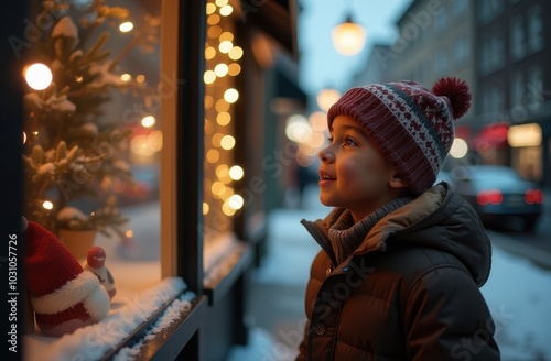  A cute baby stands at a Christmas window and dreams of gifts, looks at gifts through a store window, gifts for Christmas, a child looks at a New Year window