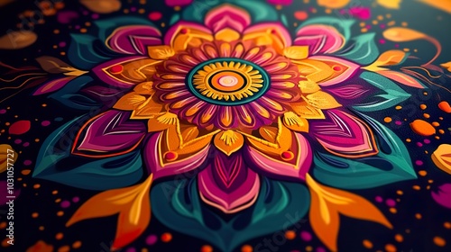 A vibrant vector of a rangoli design made with swirling petals and geometric shapes photo