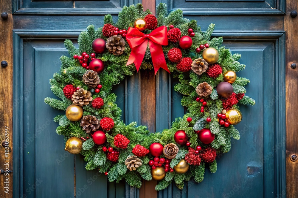 A beautiful Christmas wreath adorned with red and gold decorations hangs on a charming front door during the holiday season A beautiful Christmas wreath adorned with red and gold decorations hangs on a charming front door during the holiday season
