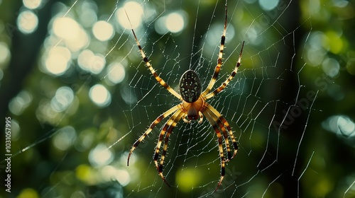 Close-up of a spider spinning a web in the forest photo