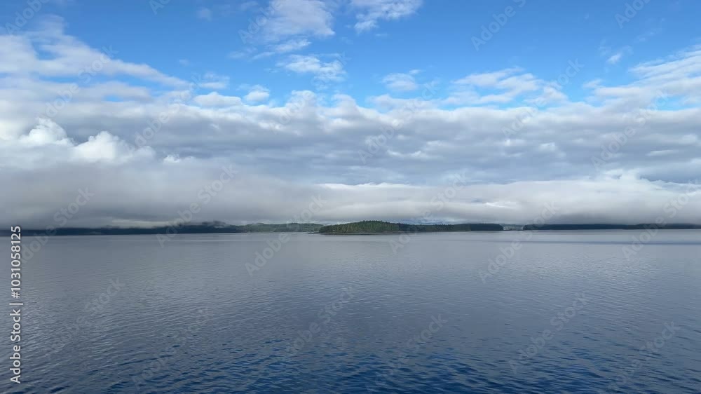 Ocean view from a boat traveling near Juneau, Alaska, on calm water with land and clouds Ocean view from a boat traveling near Juneau, Alaska, on calm water with land and clouds