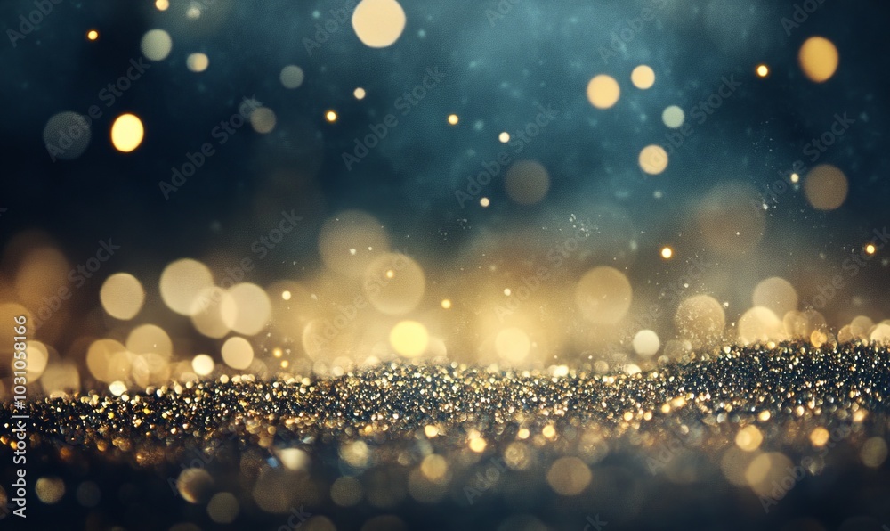 A blurry image of gold glitter with a dark background