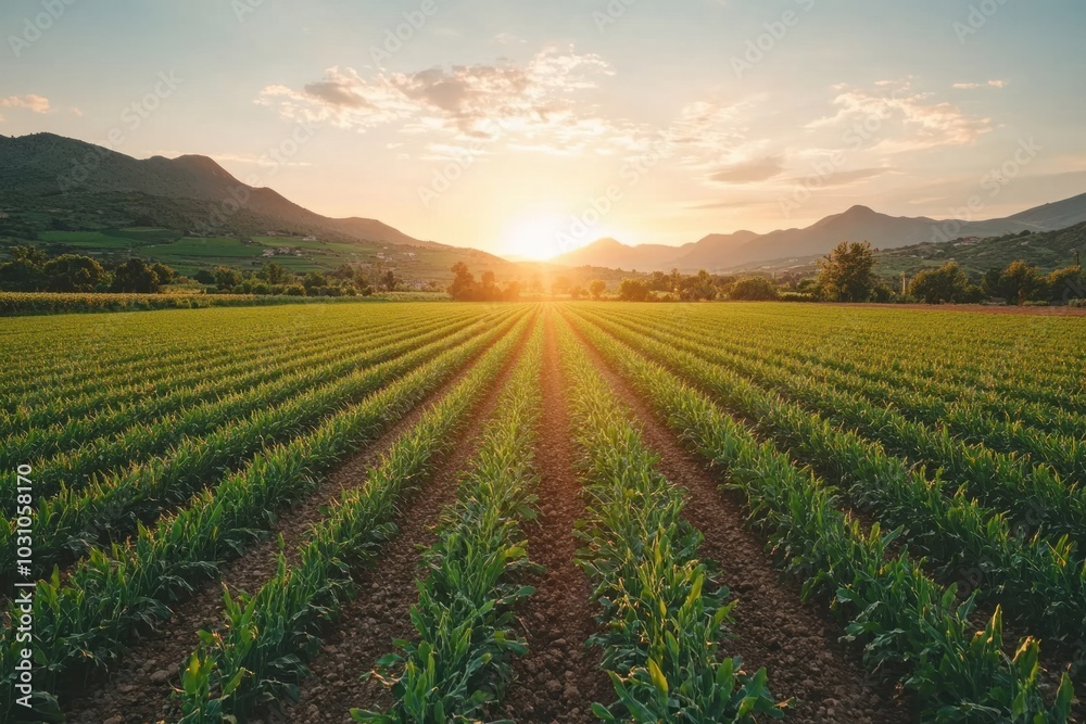 Sunset over a lush green field with rows of crops and distant mountains in the background at twilight Sunset over a lush green field with rows of crops and distant mountains in the background at twilight