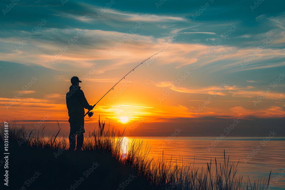 A fisherman goes fishing at sunset in the evening A fisherman goes fishing at sunset in the evening