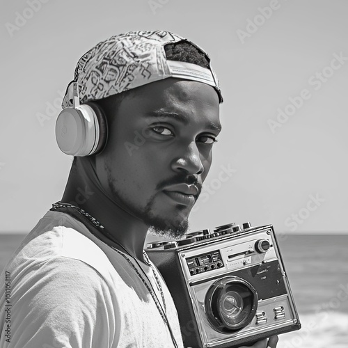 Focused male listening to music outdoors - B&W photo