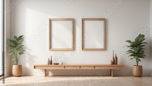 There are empty photo frames on the living room wall, an interior design illustration mockup template, and an empty poster frame mockup template.	