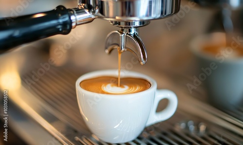 A close-up shot showing an espresso machine dispensing a freshly brewed coffee into a white cup, showcasing the rich crema on top and the flow of espresso