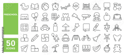 Set of 50 line icons related to preschool, child, kindergarten, kid, cognitive, learn, playground, classroom, daycare, Editable stroke. Vector illustration