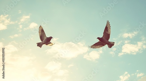 Two birds flying toward each other in the sky