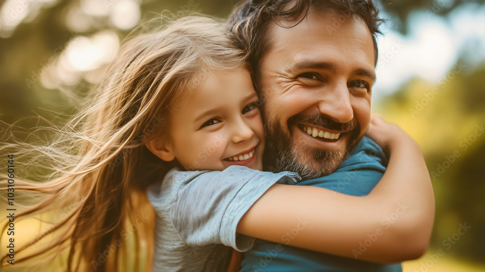 Cheerful happy father and his daughter, girl and dad sharing a loving hug outdoors in a sunny park, joy and happiness of their bond, beautiful moment of childhood togetherness, parent and child Cheerful happy father and his daughter, girl and dad sharing a loving hug outdoors in a sunny park, joy and happiness of their bond, beautiful moment of childhood togetherness, parent and child