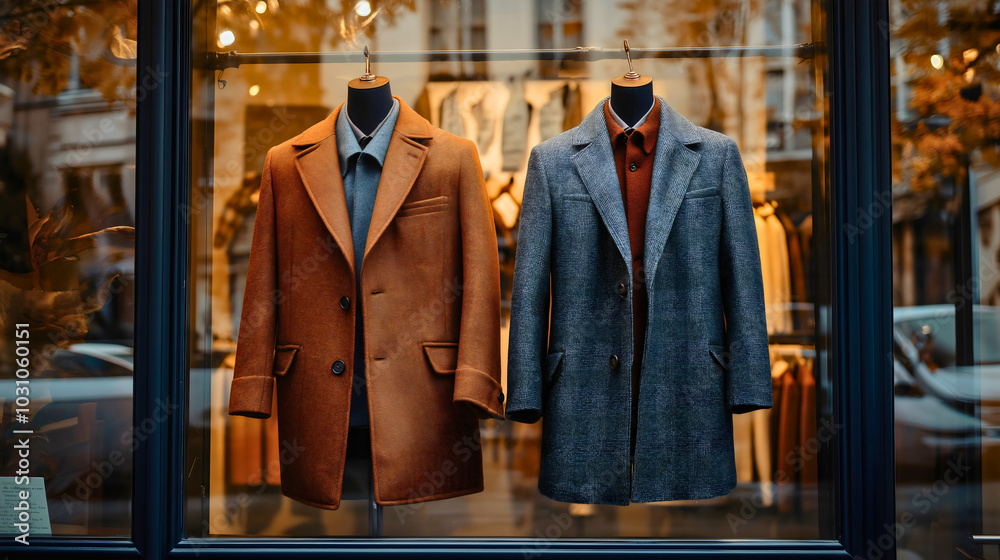 Shop window coat fashion elegance style jacket clothing store garment: a modern take on luxury textiles and retail design for the stylish man Shop window coat fashion elegance style jacket clothing store garment: a modern take on luxury textiles and retail design for the stylish man
