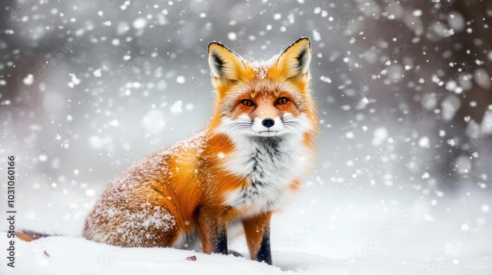 A red fox sits in the snow with snowflakes falling around it. A red fox sits in the snow with snowflakes falling around it.