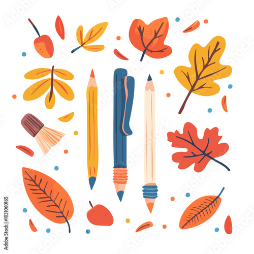 Vector Image of Cute pencil, pen and eraser, isolated on a white background, Cute pencil, pen and eraser vector